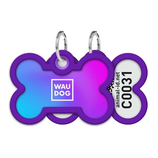 WAUDOG Україна Адресник для собак і котів металевий Smart ID з QR паспортом, малюнок "Градієнт фіолетовий", кістка