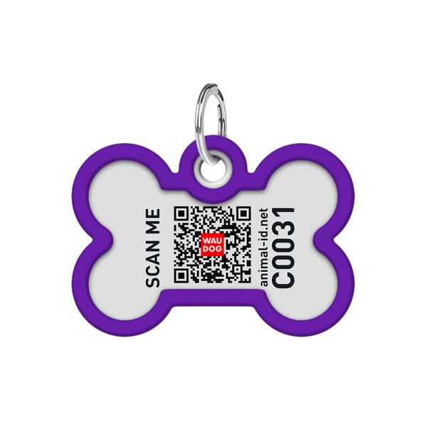 WAUDOG Украина Адресник для собак и кошек металлический Smart ID с QR паспортом, рисунок "Градиент фиолетовый", кость