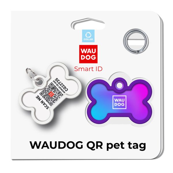 WAUDOG Украина Адресник для собак и кошек металлический Smart ID с QR паспортом, рисунок "Градиент фиолетовый", кость
