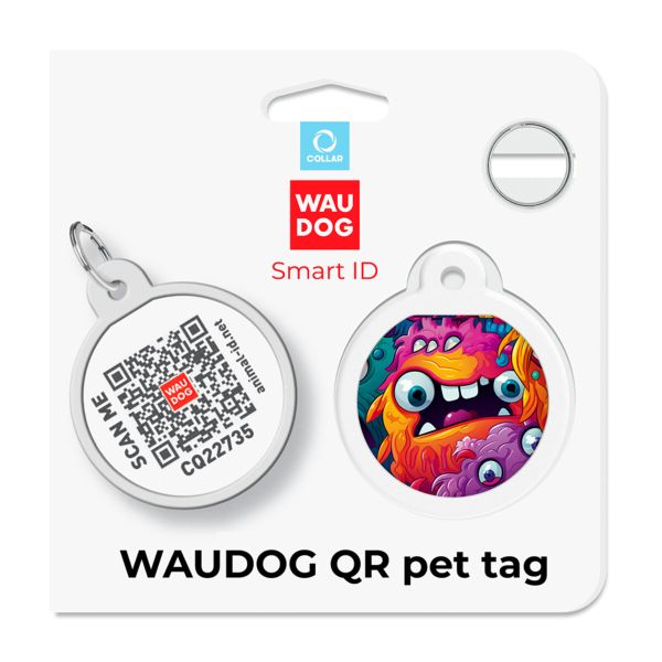 WAUDOG Украина Адресник для собак и кошек металлический Smart ID с QR паспортом, рисунок "Зубастые монстры", круг