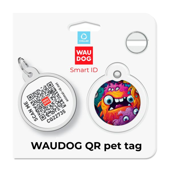 WAUDOG Украина Адресник для собак и кошек металлический Smart ID с QR паспортом, рисунок "Зубастые монстры", круг