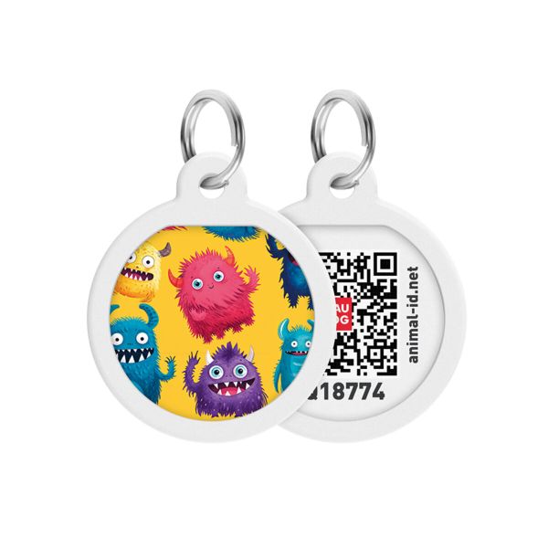WAUDOG Украина Адресник для собак и кошек металлический Smart ID с QR паспортом, рисунок "Мохнатые монстры", круг