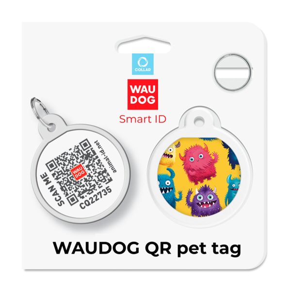 WAUDOG Украина Адресник для собак и кошек металлический Smart ID с QR паспортом, рисунок "Мохнатые монстры", круг