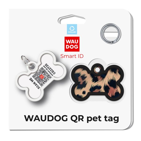 WAUDOG Украина Адресник для собак и кошек металлический WAUDOG Smart ID с QR паспортом, рисунок "Леопард", кость