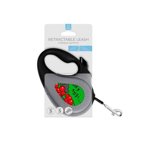 WAUDOG Украина Поводок-рулетка для собак R-leash, рисунок "Калина", светоотражающая лента, черный