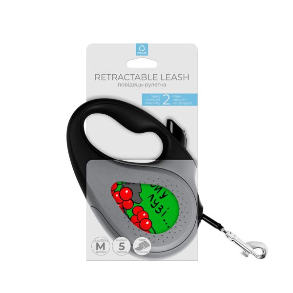 WAUDOG Украина Поводок-рулетка для собак R-leash, рисунок "Калина", светоотражающая лента, черный