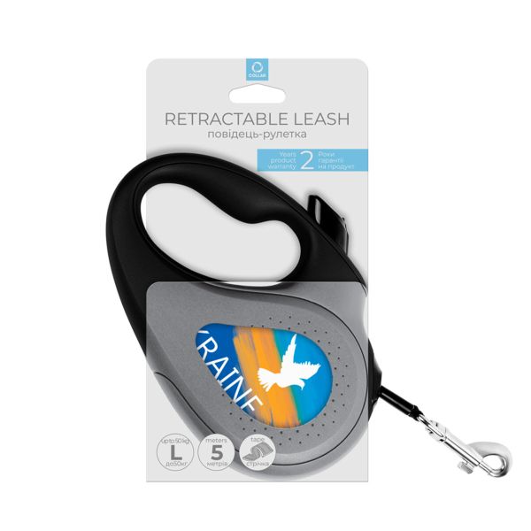 WAUDOG Украина Поводок-рулетка для собак R-leash, рисунок "Знамя", светоотражающая лента черный