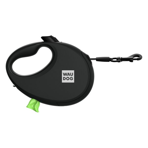 WAUDOG Україна Повідець-рулетка для собак R-leash з контейнером для пакетів, світловідбивна стрічка, чорний