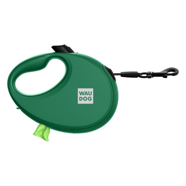 WAUDOG Україна Повідець-рулетка для собак R-leash з контейнером для пакетів, світловідбивна стрічка, зелений
