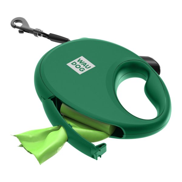WAUDOG Украина Поводок-рулетка для собак R-leash с контейнером для пакетов, светоотражающая лента, зеленый