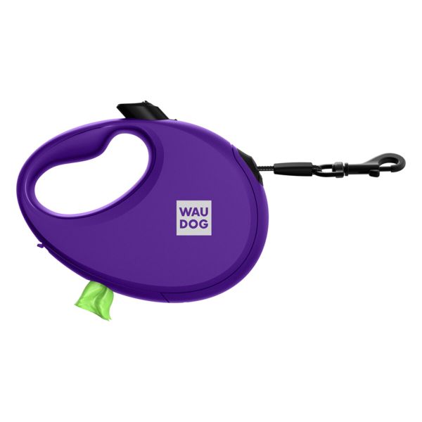 WAUDOG Україна Повідець-рулетка для собак R-leash з контейнером для пакетів, світловідбивна стрічка, фіолетовий
