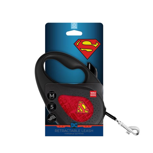 WAUDOG Украина Поводок-рулетка для собак R-leash, рисунок "Супермен Лого красный", светоотражающая лента, черный