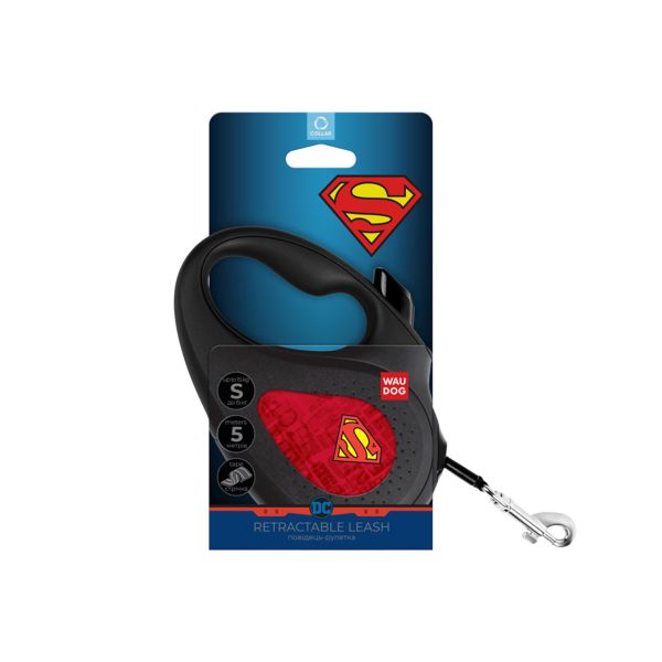 WAUDOG Украина Поводок-рулетка для собак R-leash, рисунок "Супермен Лого красный", светоотражающая лента, черный