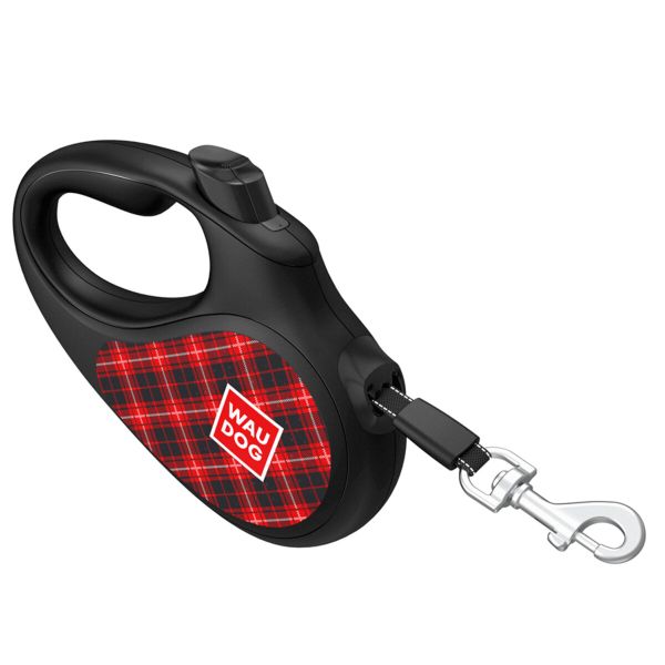 WAUDOG Украина Поводок-рулетка для собак R-leash, рисунок "Шотландка", светоотражающая лента, черный