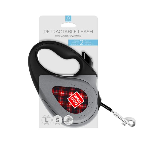 WAUDOG Украина Поводок-рулетка для собак R-leash, рисунок "Шотландка", светоотражающая лента, черный