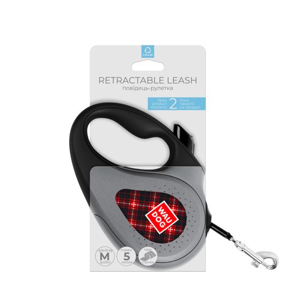 WAUDOG Украина Поводок-рулетка для собак R-leash, рисунок "Шотландка", светоотражающая лента, черный