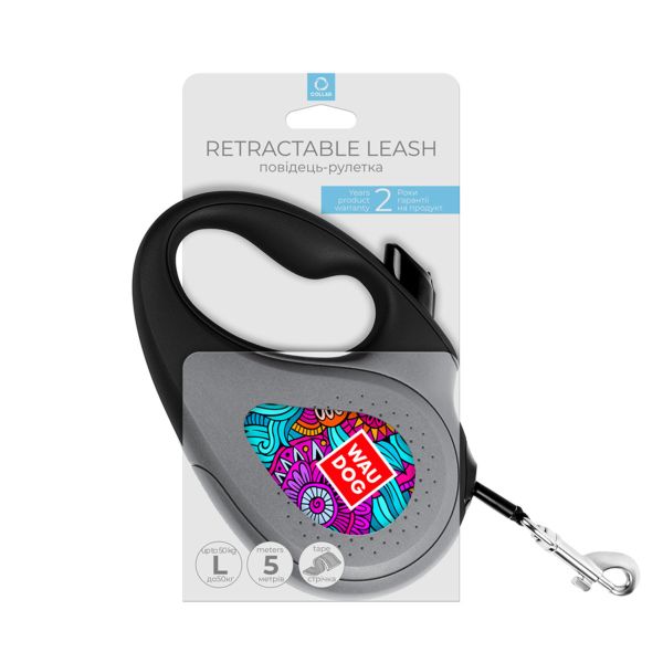 WAUDOG Украина Поводок-рулетка для собак R-leash, рисунок "Лето", светоотражающая лента, черный