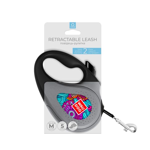 WAUDOG Украина Поводок-рулетка для собак R-leash, рисунок "Лето", светоотражающая лента, черный
