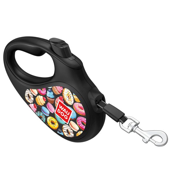 WAUDOG Україна Повідець-рулетка для собак R-leash, малюнок "Пончики", світловідбиваюча стрічка, чорний