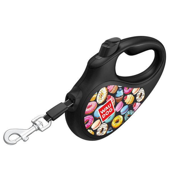 WAUDOG Украина Поводок-рулетка для собак R-leash, рисунок "Пончики", светоотражающая лента, черный