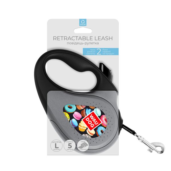 WAUDOG Украина Поводок-рулетка для собак R-leash, рисунок "Пончики", светоотражающая лента, черный