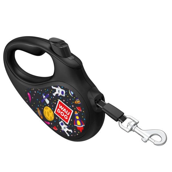 WAUDOG Украина Поводок-рулетка для собак R-leash, рисунок "NASA", светоотражающая лента, черный