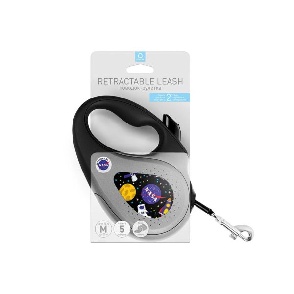 WAUDOG Украина Поводок-рулетка для собак R-leash, рисунок "NASA", светоотражающая лента, черный