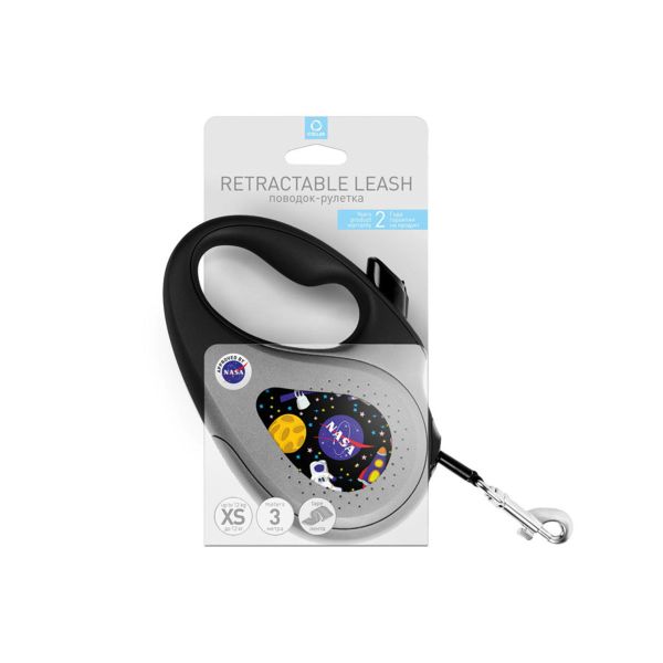 WAUDOG Украина Поводок-рулетка для собак R-leash, рисунок "NASA", светоотражающая лента, черный