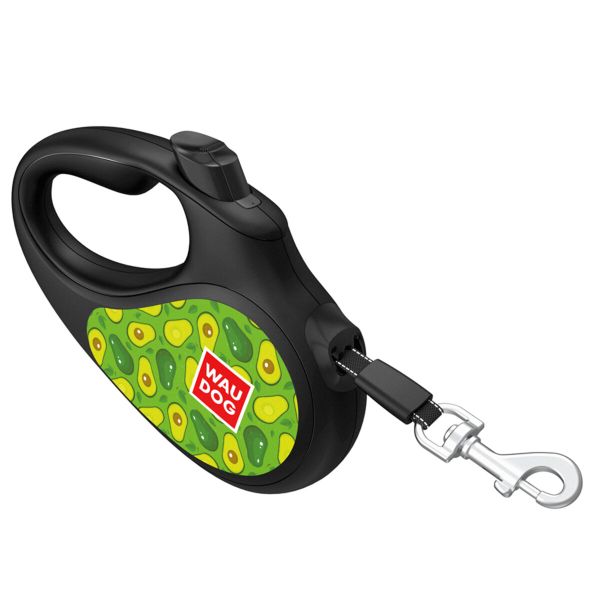 WAUDOG Украина Поводок-рулетка для собак R-leash, рисунок "Авокадо", светоотражающая лента, черный