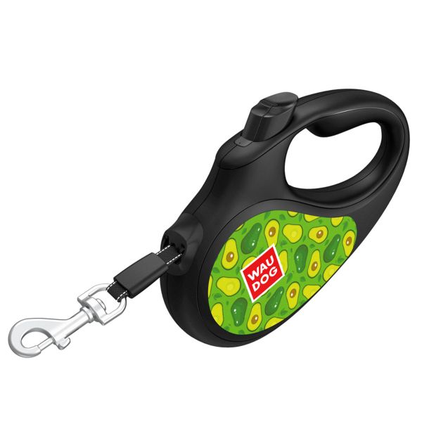 WAUDOG Украина Поводок-рулетка для собак R-leash, рисунок "Авокадо", светоотражающая лента, черный