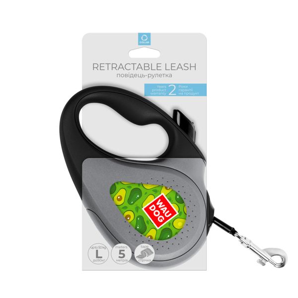 WAUDOG Украина Поводок-рулетка для собак R-leash, рисунок "Авокадо", светоотражающая лента, черный