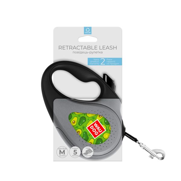 WAUDOG Украина Поводок-рулетка для собак R-leash, рисунок "Авокадо", светоотражающая лента, черный