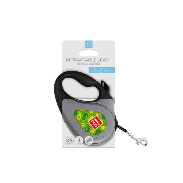 WAUDOG Украина Поводок-рулетка для собак R-leash, рисунок "Авокадо", светоотражающая лента, черный