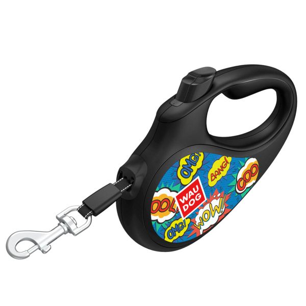 WAUDOG Украина Поводок-рулетка для собак R-leash, рисунок "ВАУ", светоотражающая лента, черный