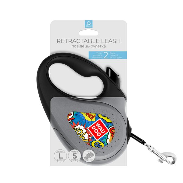 WAUDOG Украина Поводок-рулетка для собак R-leash, рисунок "ВАУ", светоотражающая лента, черный