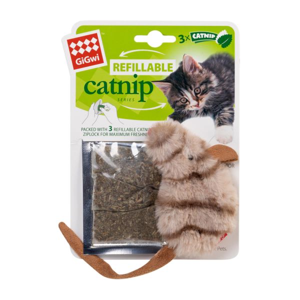 GiGwi Китай Игрушка для кошек Мышка с кошачьей мятой Refillable Catnip, искусственный мех