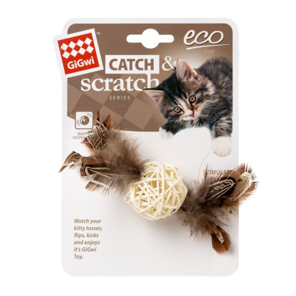 GiGwi Китай Игрушка для кошек Плетеный мячик с колокольчиком и перьями Catch&scratch, перо
