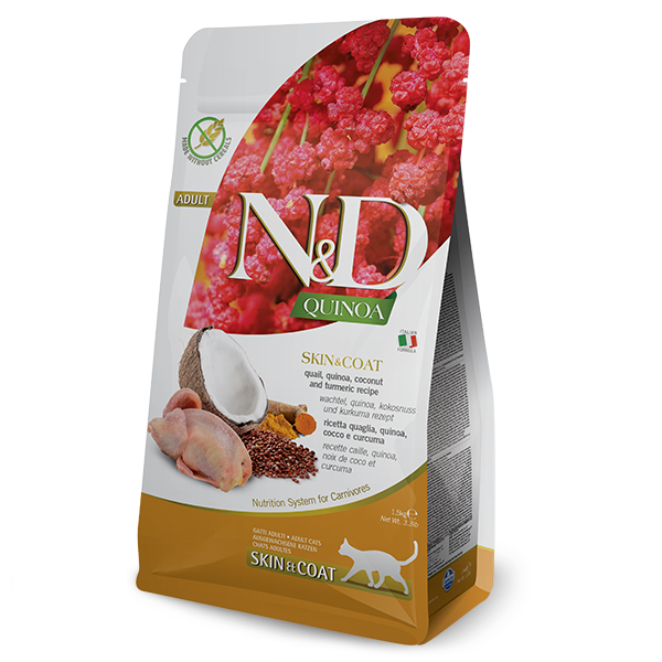 Сухой корм Farmina Сербия N&D Grain Free Quinoa для красоты кожи и шерсти кошек при пищевой аллергии с перепелом, киноа, кокосом и куркумой