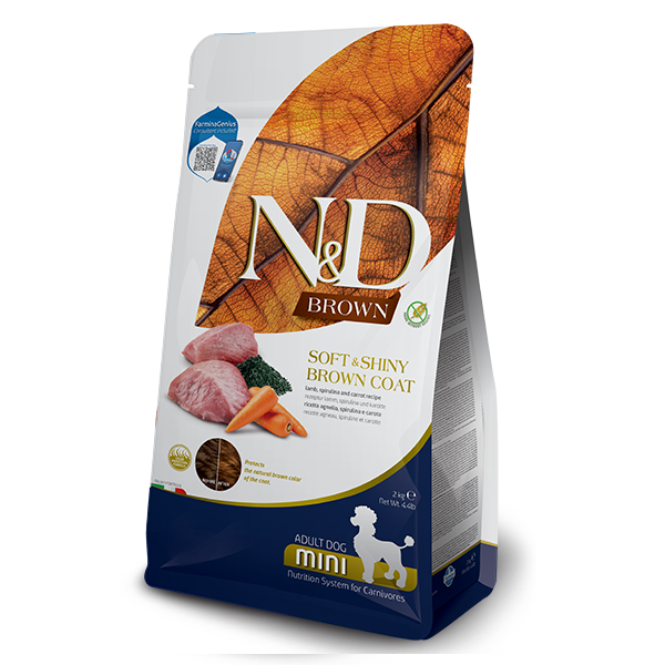 Сухой корм Farmina Сербия N&D Grain Free Spirulina для взрослых собак маленьких пород с коричневой шерстью с ягненком, спирулином и морковью