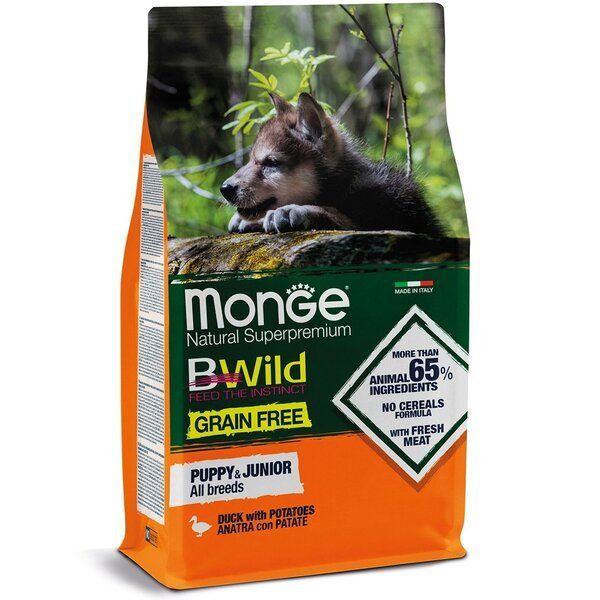 Сухой корм Monge Италия Dog Be Wild беззерновой для щенков с уткой
