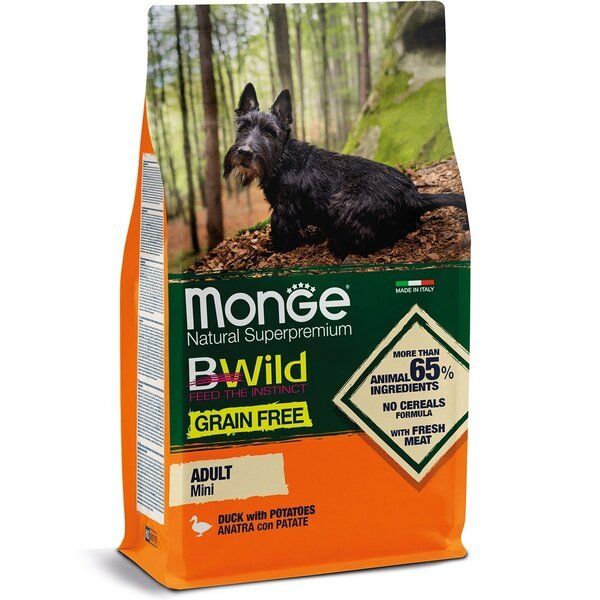Сухой корм Monge Италия Dog Be Wild беззерновой для собак малых пород с уткой