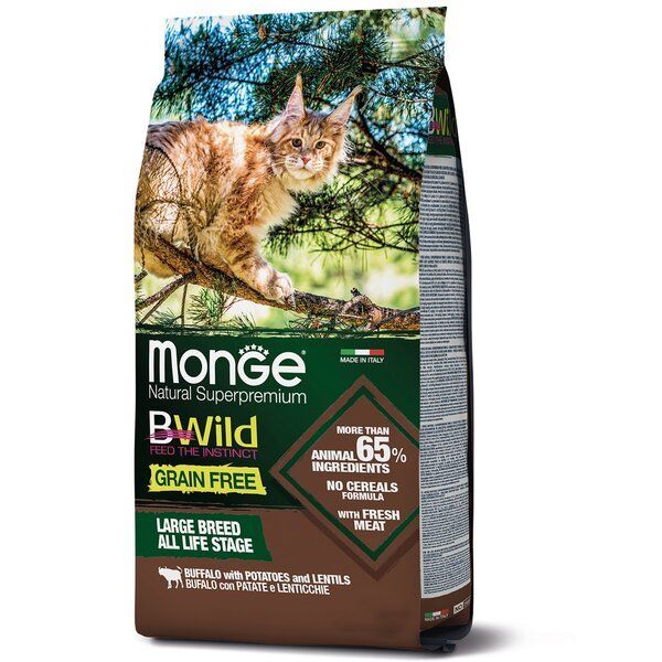 Сухой корм Monge Италия Cat Be Wild беззерновой для кошек больших пород с мясом буйвола