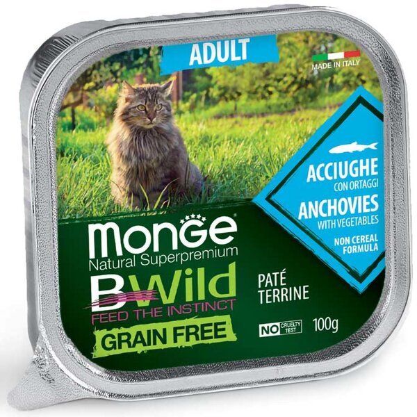 Влажный корм Monge Италия Cat Wet Be Wild беззерновой паштет для кошек с анчоусами
