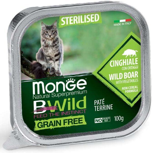 Влажный корм Monge Италия Cat Wet Be Wild беззерновой паштет для стерилизованных кошек с кабаном