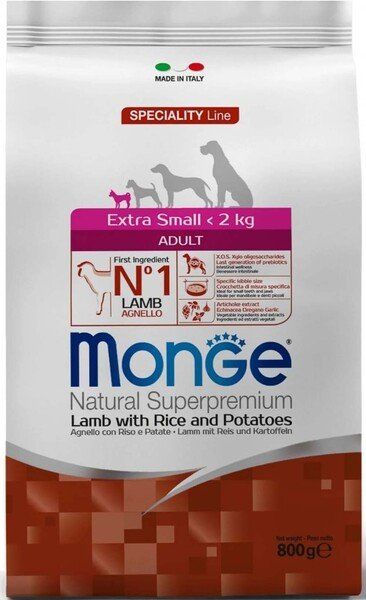 Сухой корм Monge Италия Dog Extra Small для собак миниатюрных пород с ягненком и картофелем