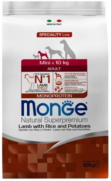 Сухой корм Monge Италия Dog Mini Adult для собак малых пород с ягненком, рисом и картофелем