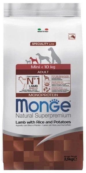 Сухой корм Monge Италия Dog Mini Adult для собак малых пород с ягненком, рисом и картофелем