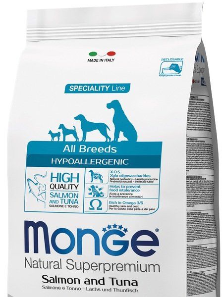 Сухой корм Monge Италия Dog All Breeds Hypo гипоаллергенен для собак с лососем и тунцом