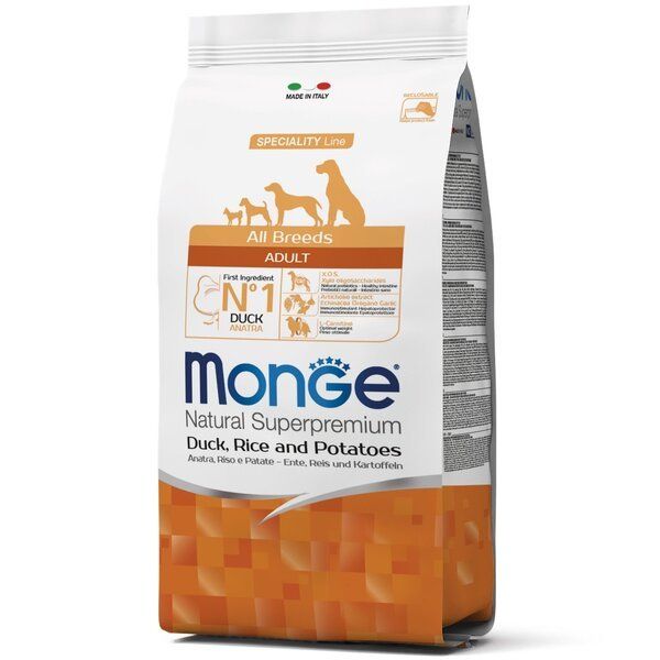 Сухой корм Monge Италия Dog All Breeds Adult для собак с уткой, рисом и картофелем