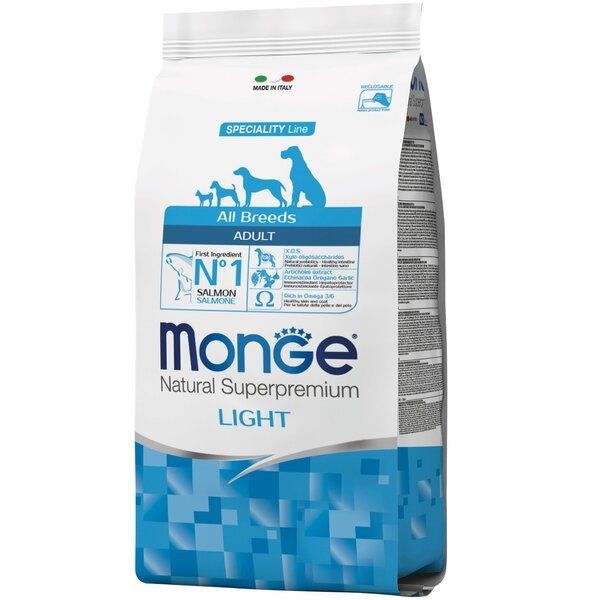 Сухой корм Monge Италия Dog All Breeds Adult Light для собак с лишним весом с лососем и рисом